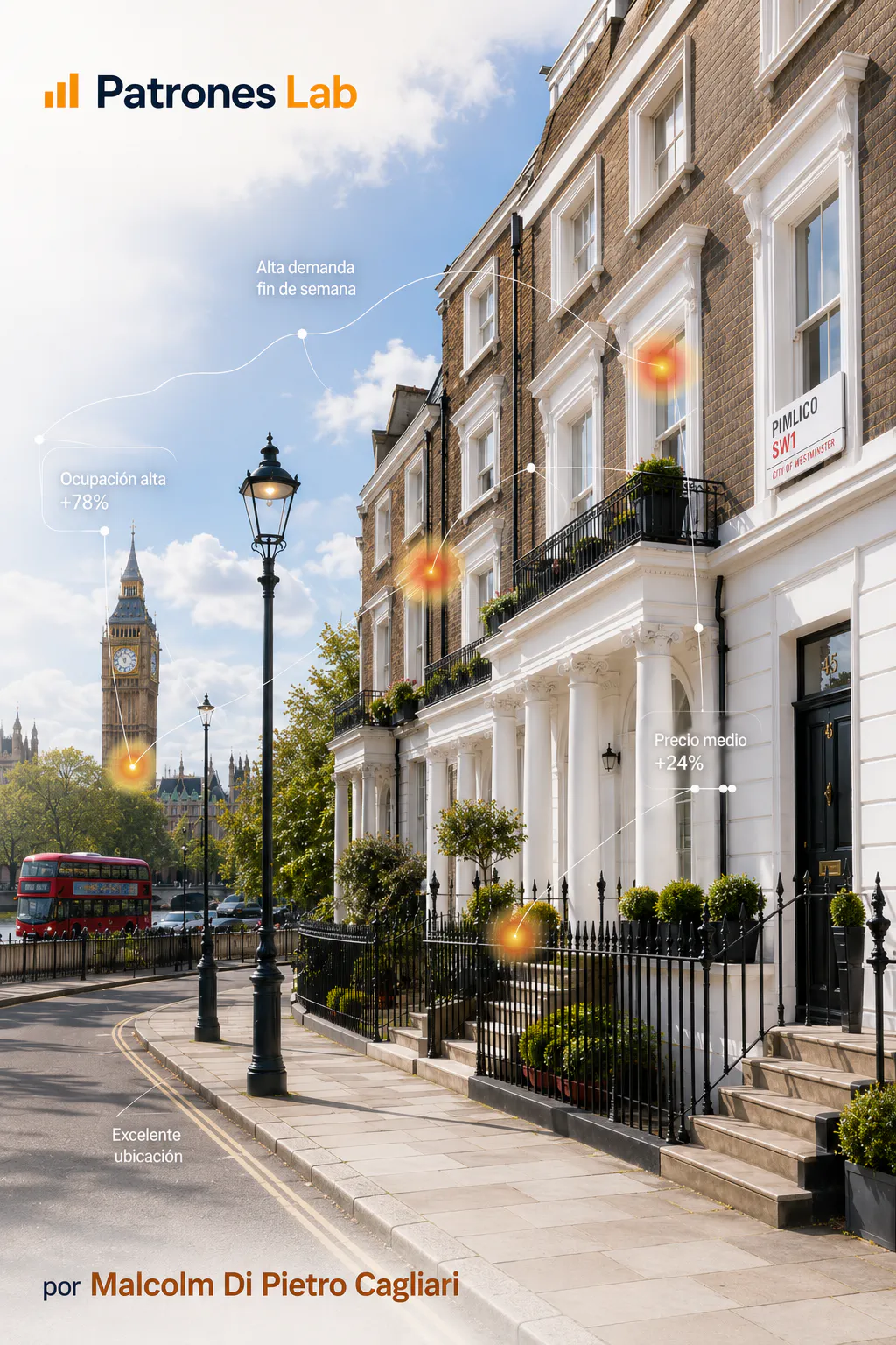 Calle residencial de Londres con Big Ben al fondo y datos de Airbnb superpuestos — Patrones Lab