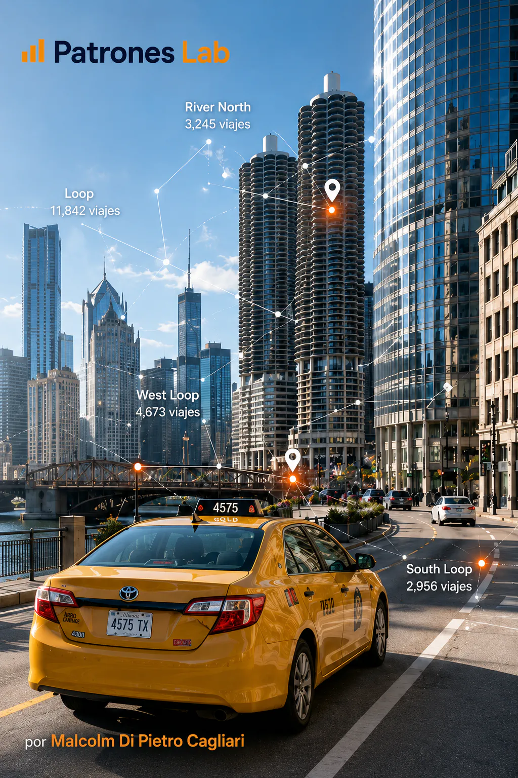 Taxi amarillo en Chicago con superposiciones geoespaciales de recorridos — Patrones Lab