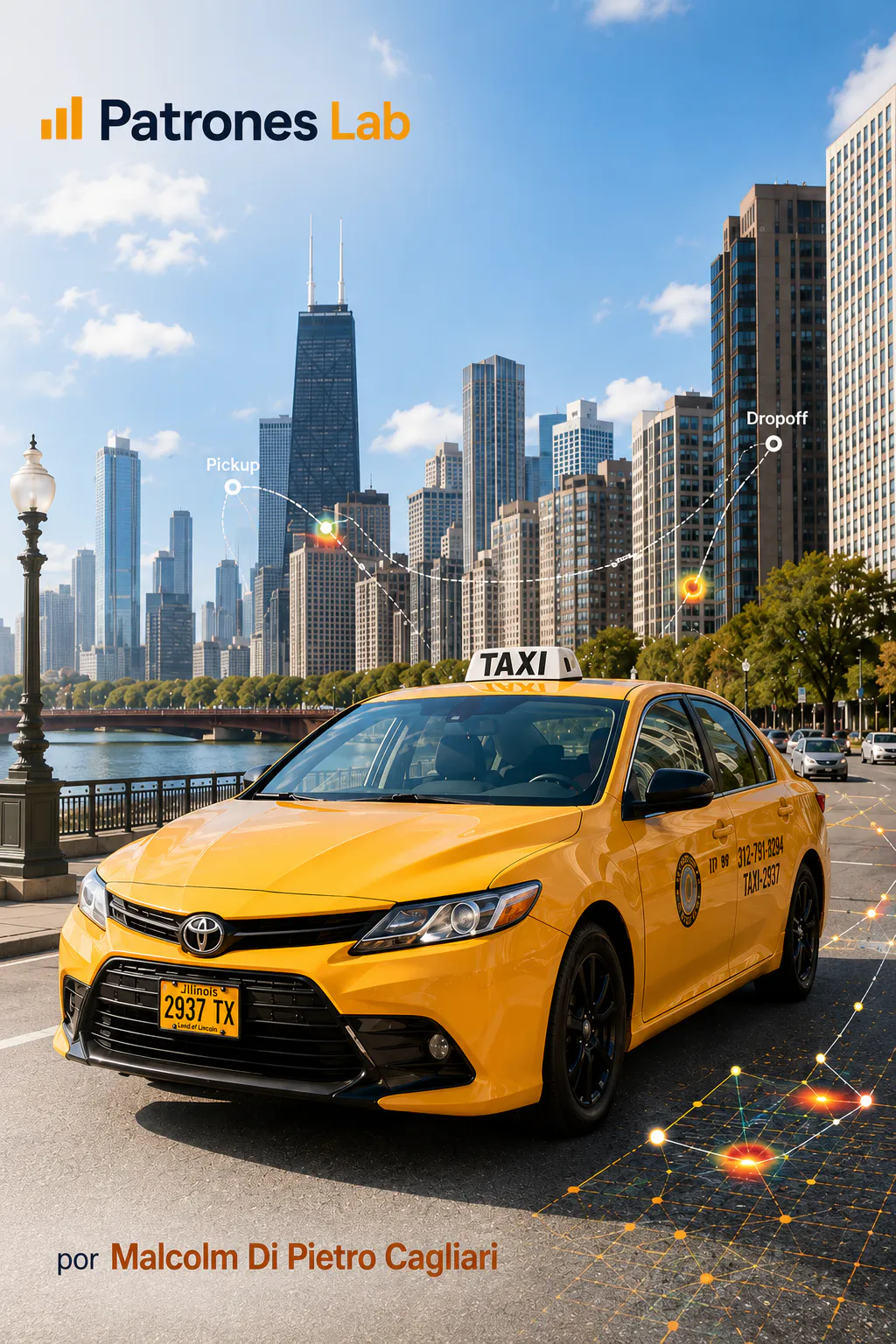 Taxi amarillo de Chicago con skyline y datos de viajes superpuestos — Patrones Lab