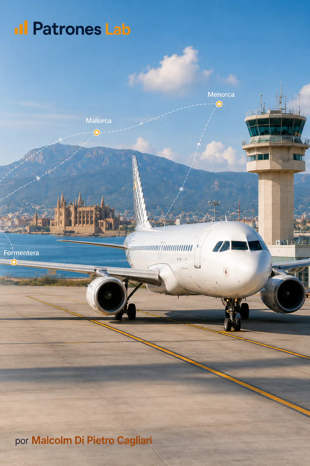 Avión en pista con relieve costero al fondo y datos de vuelo superpuestos — Patrones Lab