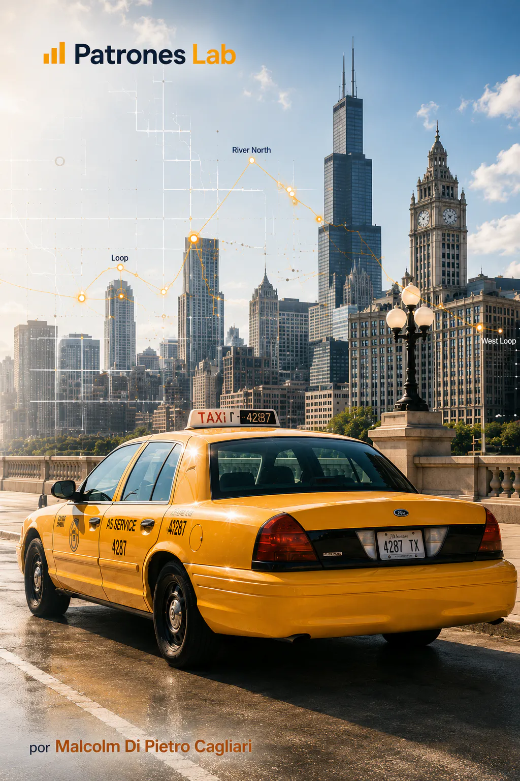 Taxi amarillo en Chicago con skyline, visual del dashboard de Looker Studio — Patrones Lab