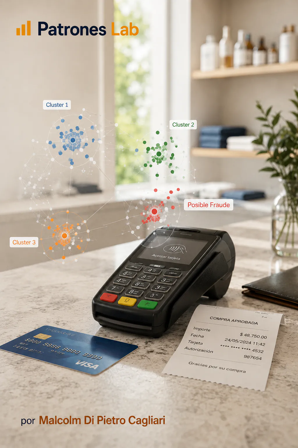 Terminal de pago y tarjetas con puntos de clustering K-means para detección de fraude — Patrones Lab