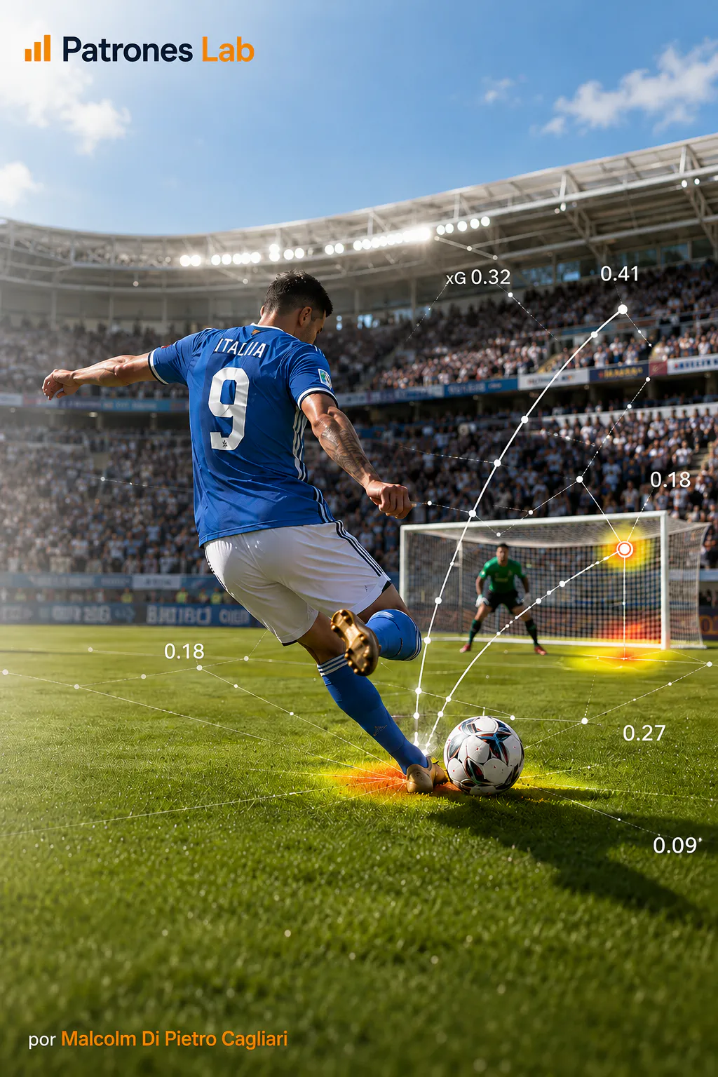 Futbolista rematando al arco con anotaciones del modelo de goles esperados (xG) — Patrones Lab