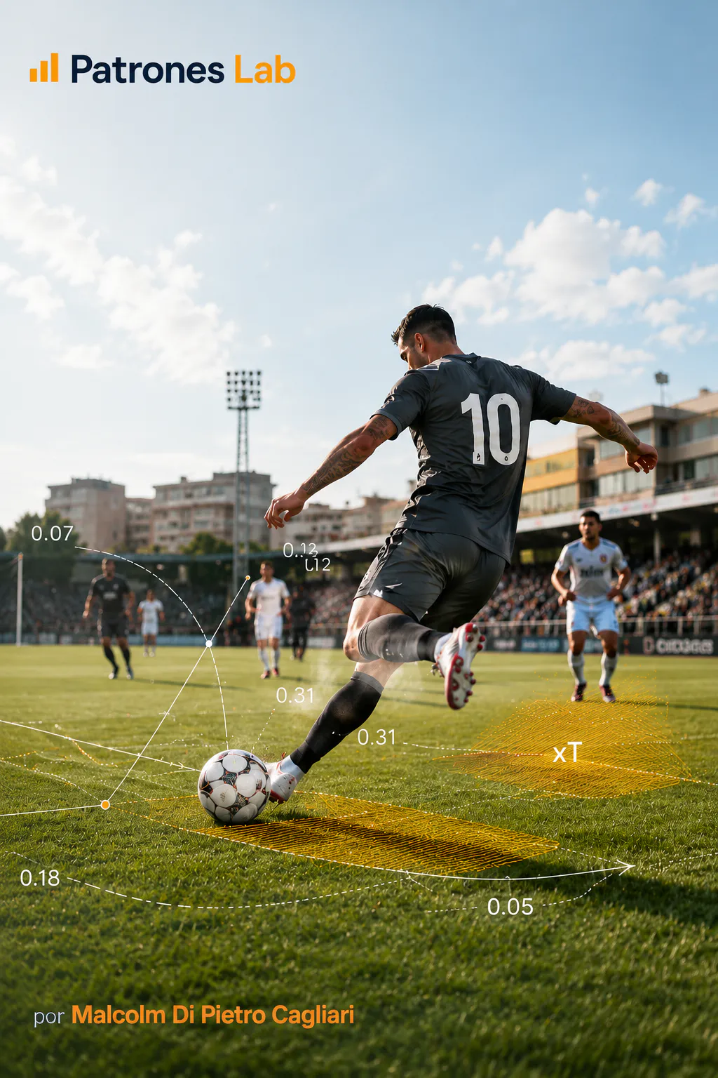 Futbolista conduciendo la pelota con anotaciones del modelo de peligro esperado (xT) — Patrones Lab