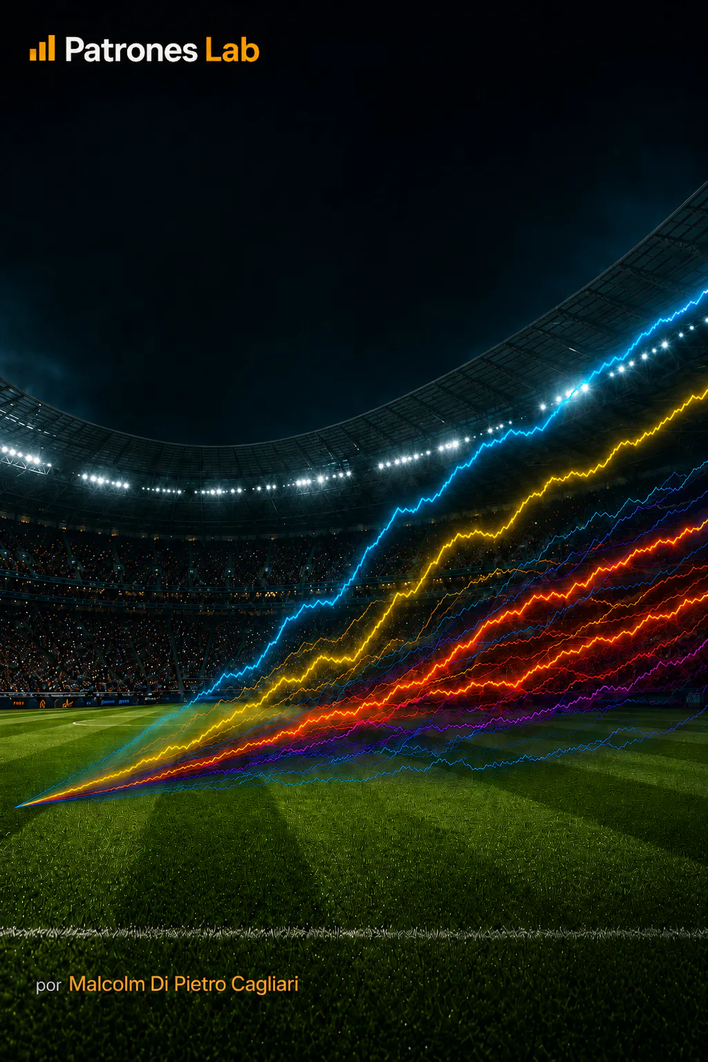 Trayectorias de simulación de Montecarlo sobre el fondo de un estadio de fútbol — Patrones Lab